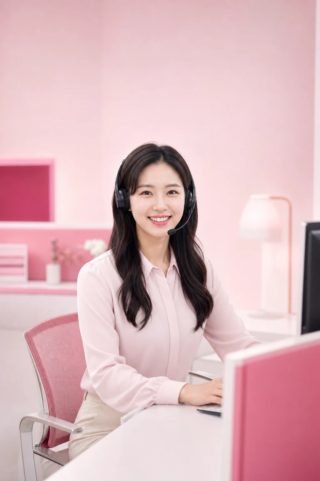 카드깡 업체 후기 다음머니 24시간 전화 문자 상담을 안내하는 헤드셋 여성 상담원 인물